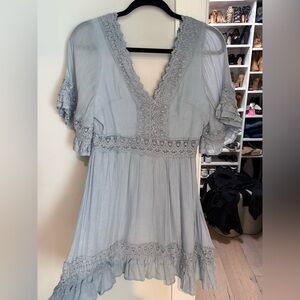 Bluivy Lace Trimmed V-Neck Blouse in Soft Blue